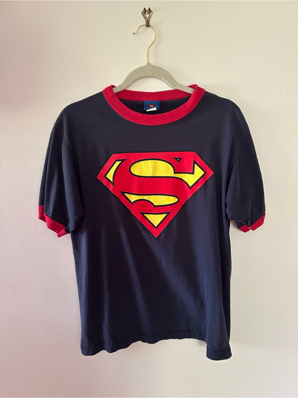 Vintage 90s Superman Graphic Ringer Tee - Navy with Red & Yellow Logo